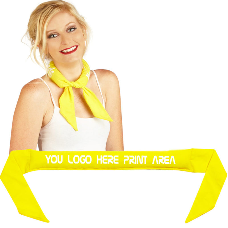 COOLNECKWEAR ON YELLOW (#106) YOU ROTATE IT AROUND YOUR NECK EVERY 5 MINUTES WHILE WEARING IT. THE PRODUCT WILL BE 20 TO 30 DEGREES COOLER THAN THE OUTSIDE AMBIENT AIR TEMPERATURE BEFORE ANY ICE OR REFRIGERATION ONCE ACTIVATED WITH WATER IN REGULAR ROOM TEMP WATER. THIS ITEM CAN GET AS LOW AS 40 DEGREES BEFORE FREEZING WHEN CHILLED WITH ICE AND/OR A REFRIGERATOR. STORE IN YOUR COOLER OR HANG TO DRY