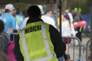PARAMEDICS AND EMTS WEAR COOLNECKWEAR AT EVENTS AND IN THE FIELD TO AVOID HEAT-RELATED AILMENTS.